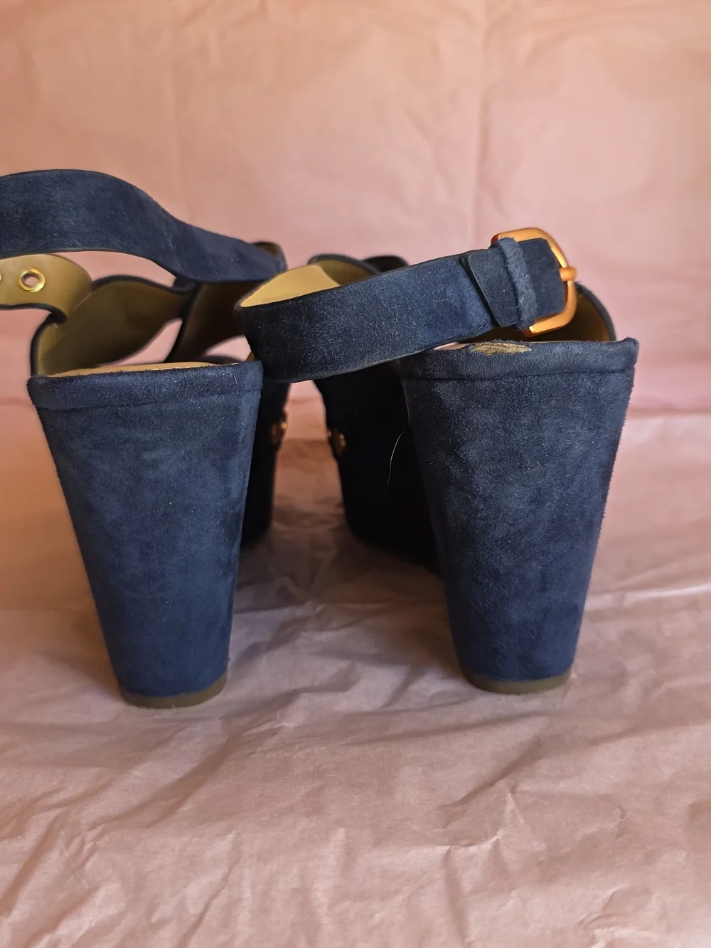Marc Fisher Navy Suede Platform Wedge Sandals with Copper Studs